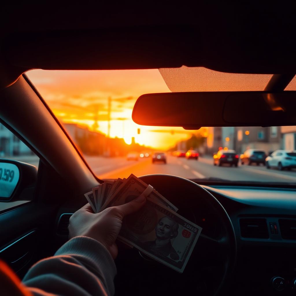 Driver counting daily earnings inside car at sunset